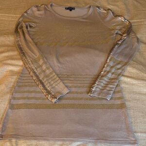 Casting Paris Woman’s Knit Sheath Dress with Metallic Stripe and Goldtone Beads.